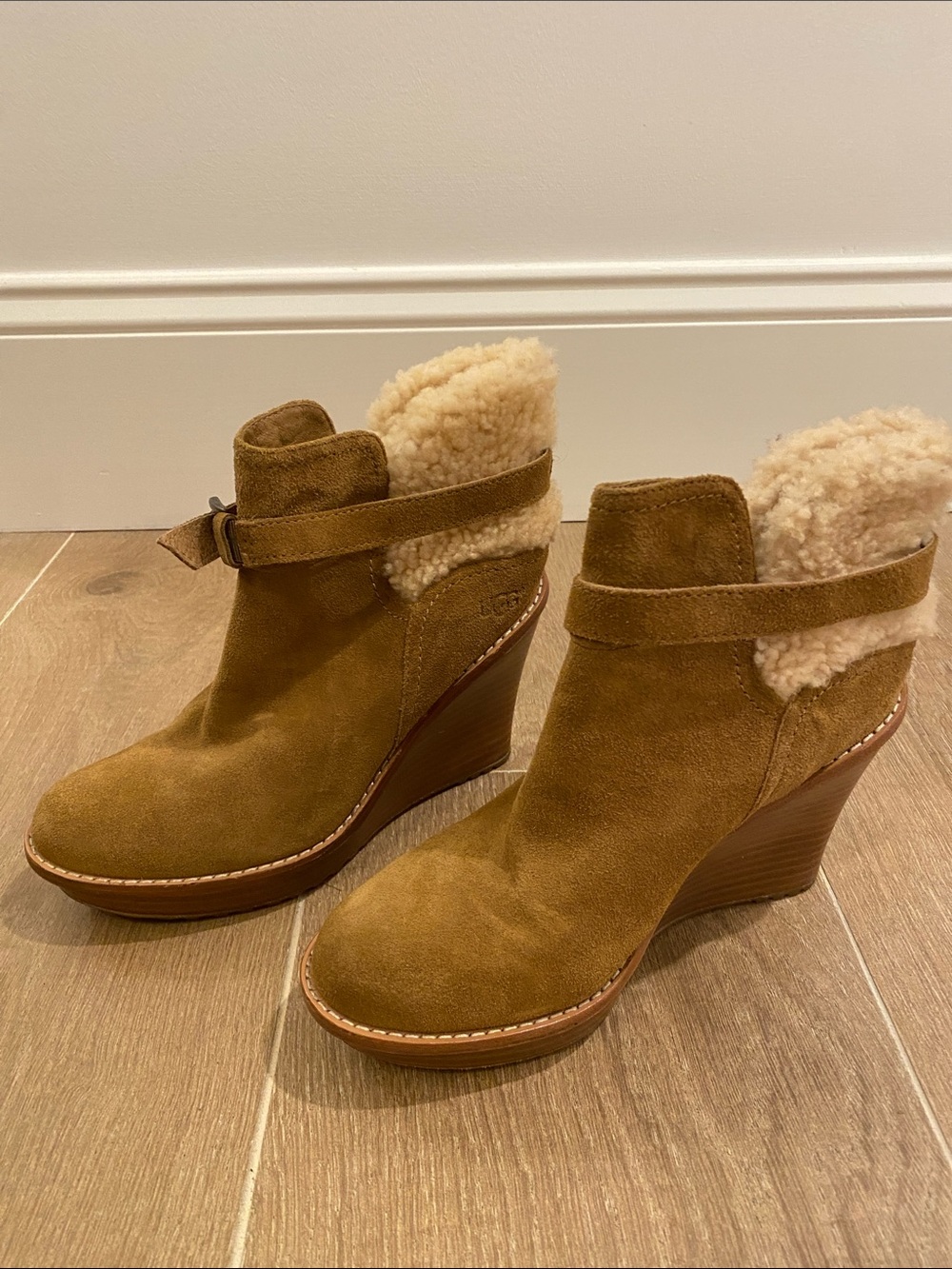 UGG Chestnut Suede Shearling-Trim Wedge Booties